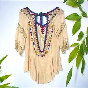 Boho Colorful Pom Pom Crochet Flowy Top / Tunic / Swim Cover Up